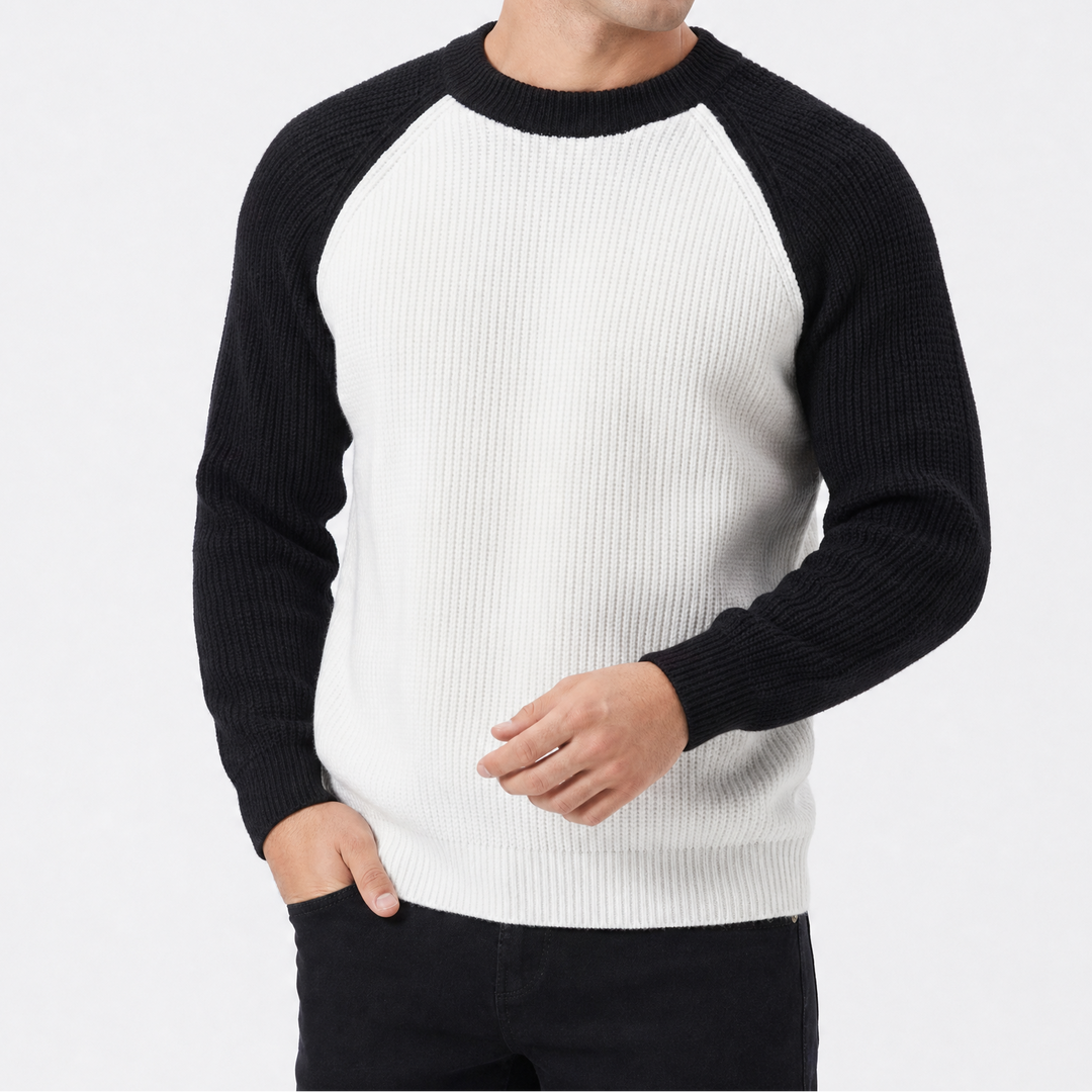 Men's Ribbed Knit Pullover with Raglan Sleeve and Crew Neck