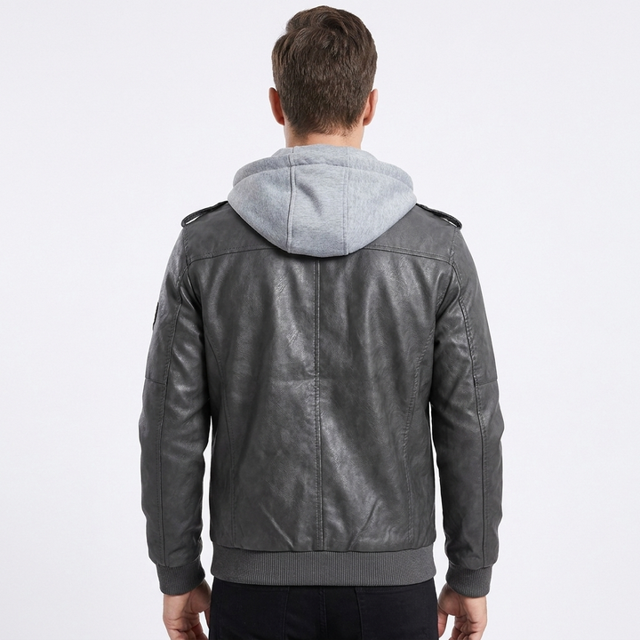 Men's Faux Leather Bomber Coat with Pocket