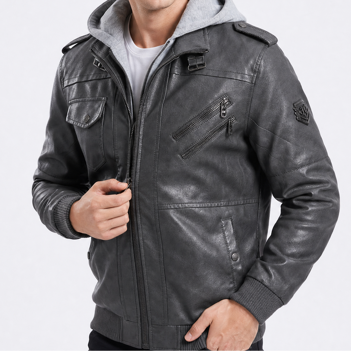 Men's Faux Leather Bomber Coat with Pocket