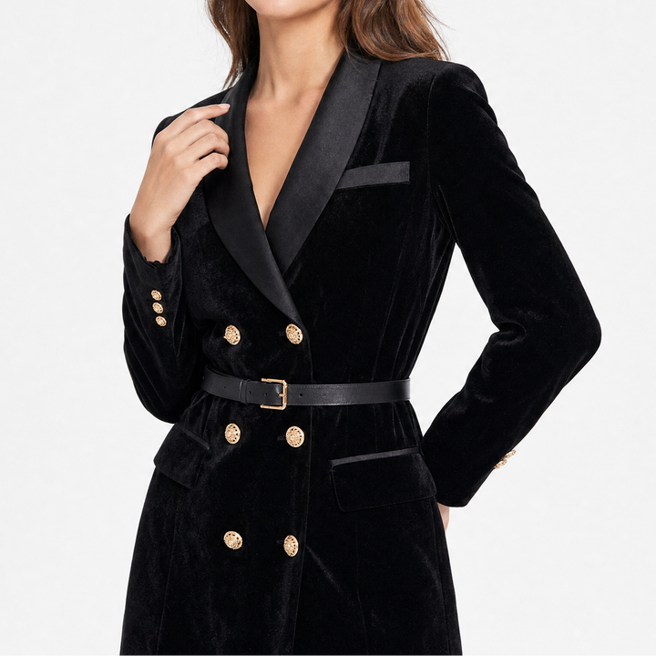 Women's Velvet Double-Breasted Belted Mini Satin Blazer Dress