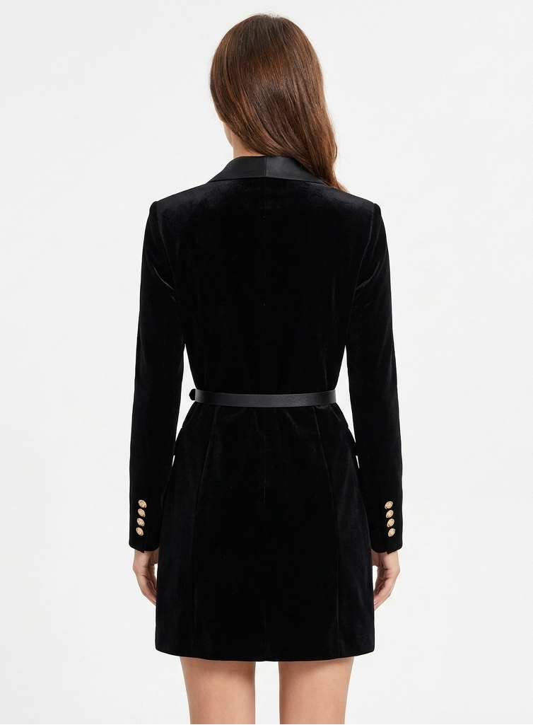 Women's Velvet Double-Breasted Belted Mini Satin Blazer Dress