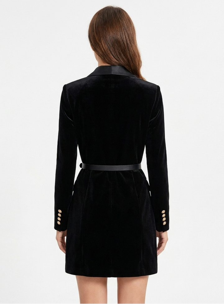 Women's Velvet Double-Breasted Belted Mini Satin Blazer Dress
