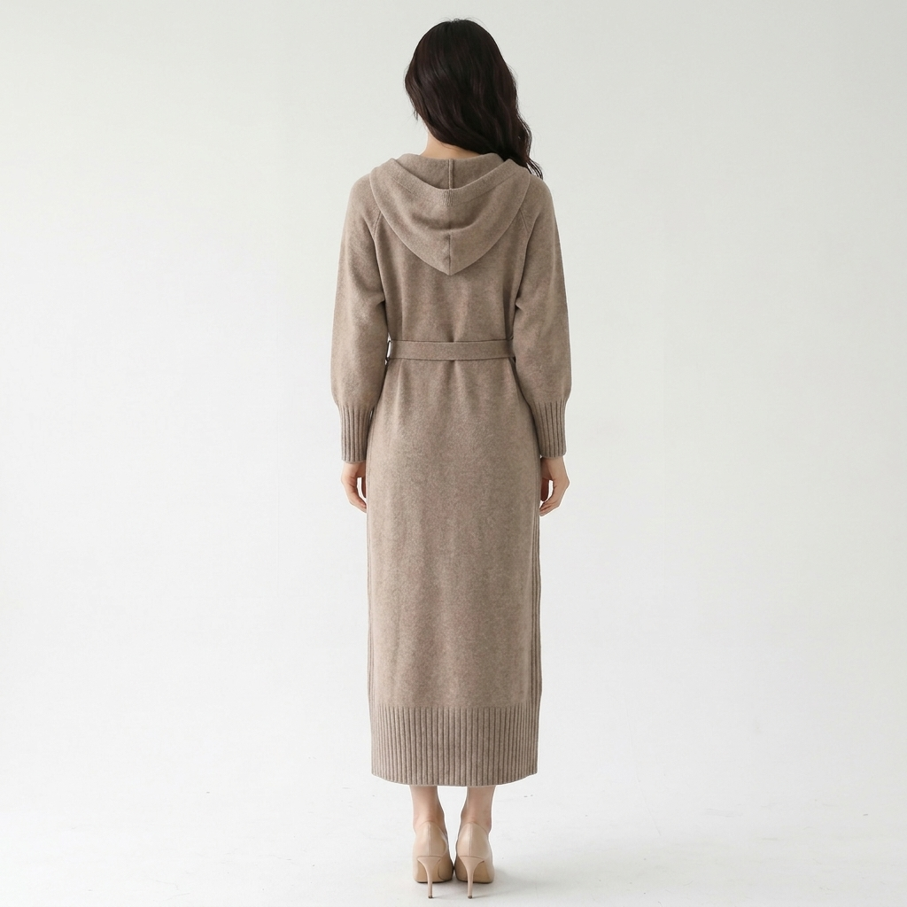 Women's Knit Belted Long Sleeve Midi Dress