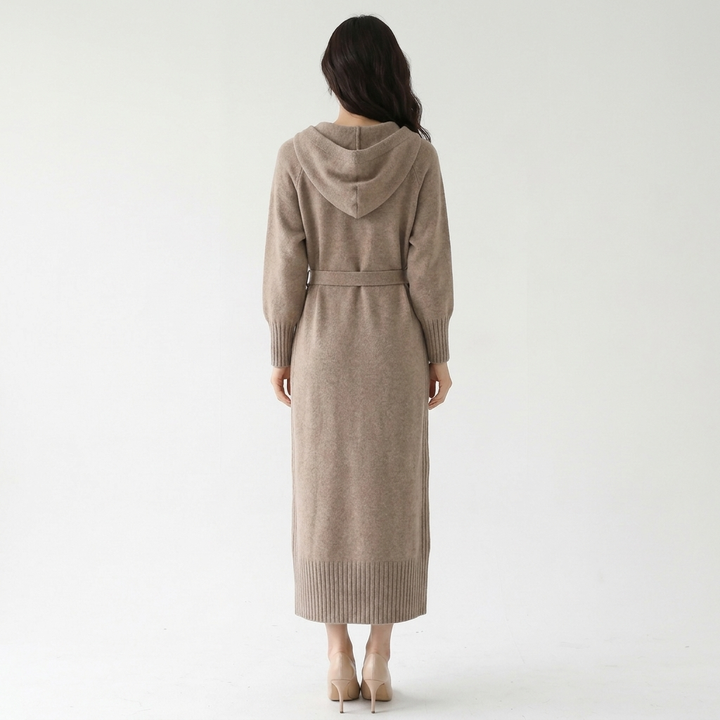 Women's Knit Belted Long Sleeve Midi Dress