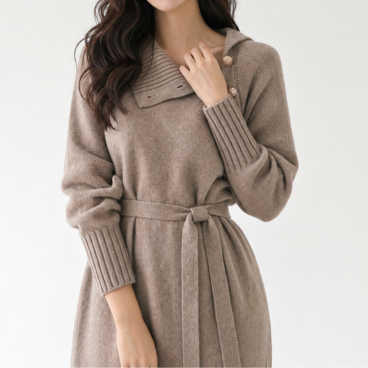 Women's Knit Belted Long Sleeve Midi Dress