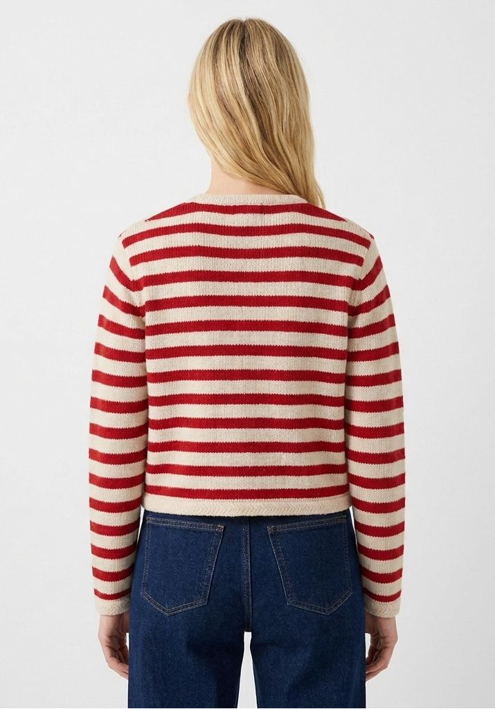 Women's Cardigan Striped Knit Jumper with Crew Neck