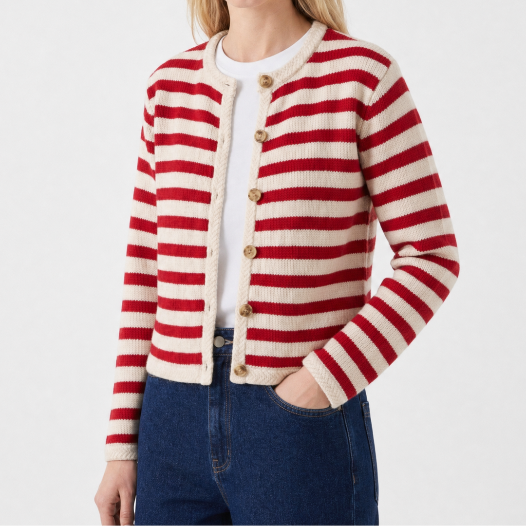 Women's Cardigan Striped Knit Jumper with Crew Neck