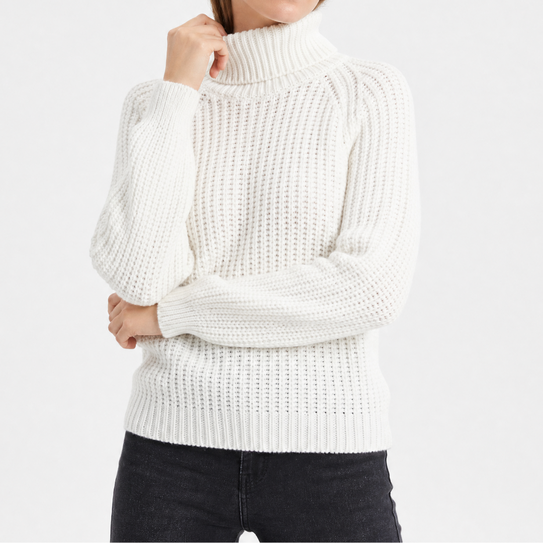 Women's Ribbed Knit Turtleneck Pullover with Balloon Sleeve
