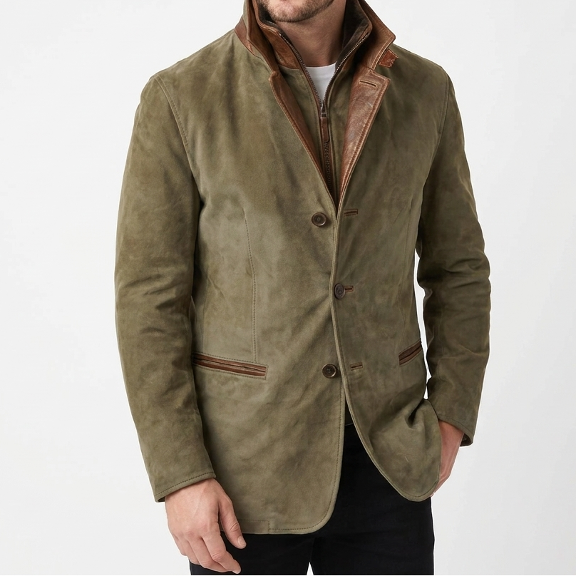 Men's Suede Leather Blazer with Contrast Trim and Stand Collar