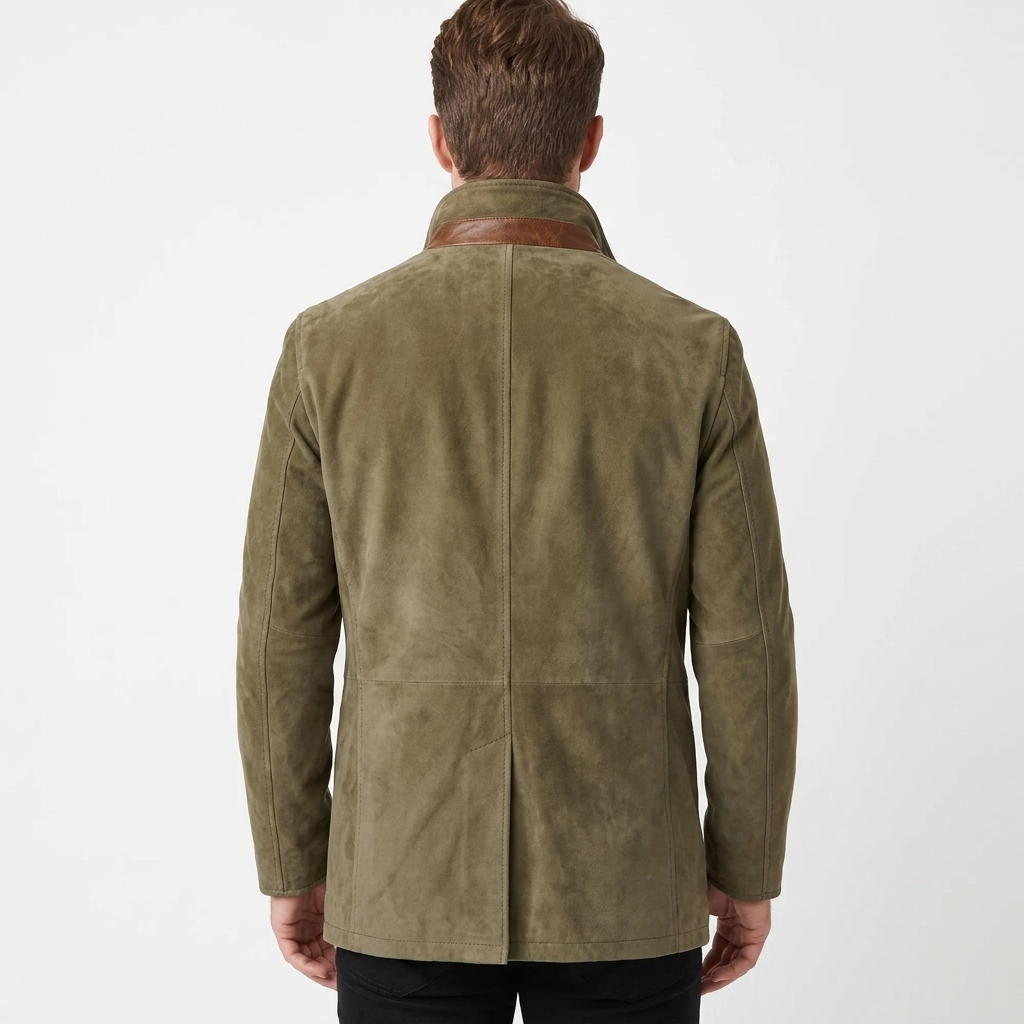 Men's Suede Leather Blazer with Contrast Trim and Stand Collar