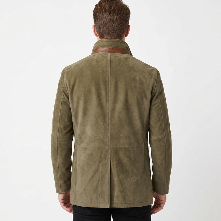 Men's Suede Leather Blazer with Contrast Trim and Stand Collar