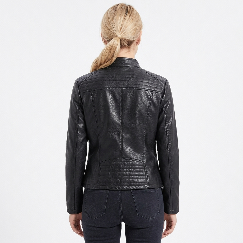 Women's Faux Leather Biker Jacket with Stand Collar