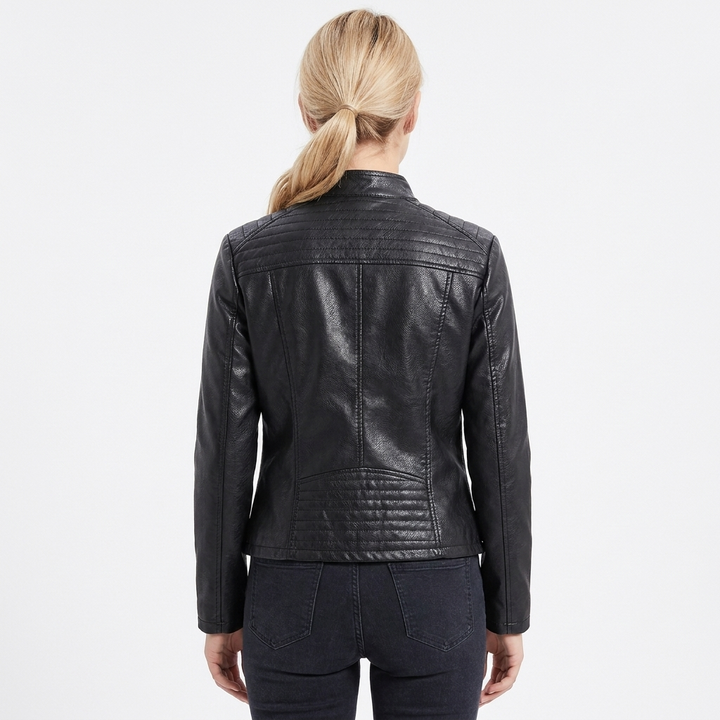 Women's Faux Leather Biker Jacket with Stand Collar