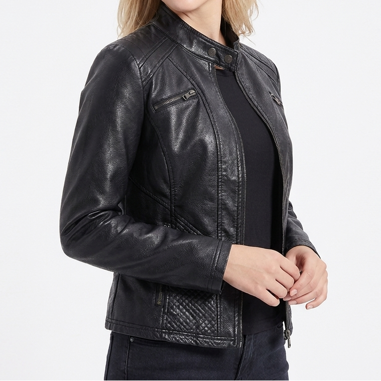 Women's Faux Leather Biker Jacket with Stand Collar