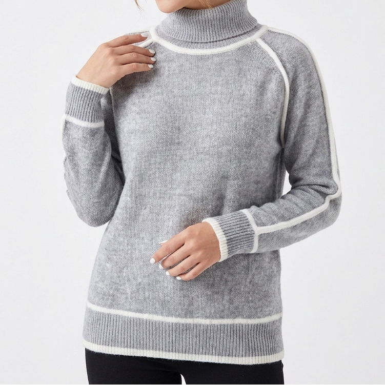 Women's Turtleneck Pullover with Contrast Trim and Raglan Sleeve