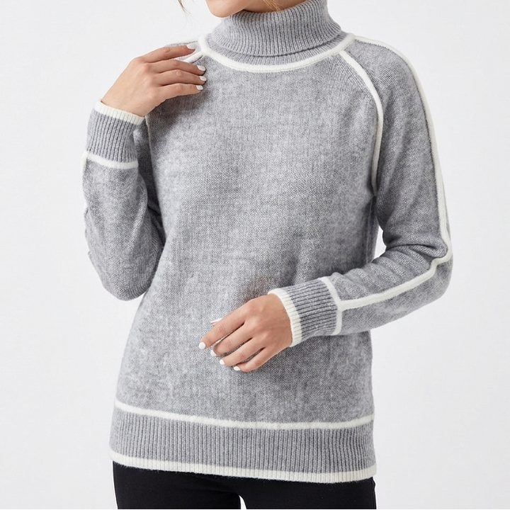 Women's Turtleneck Pullover with Contrast Trim and Raglan Sleeve