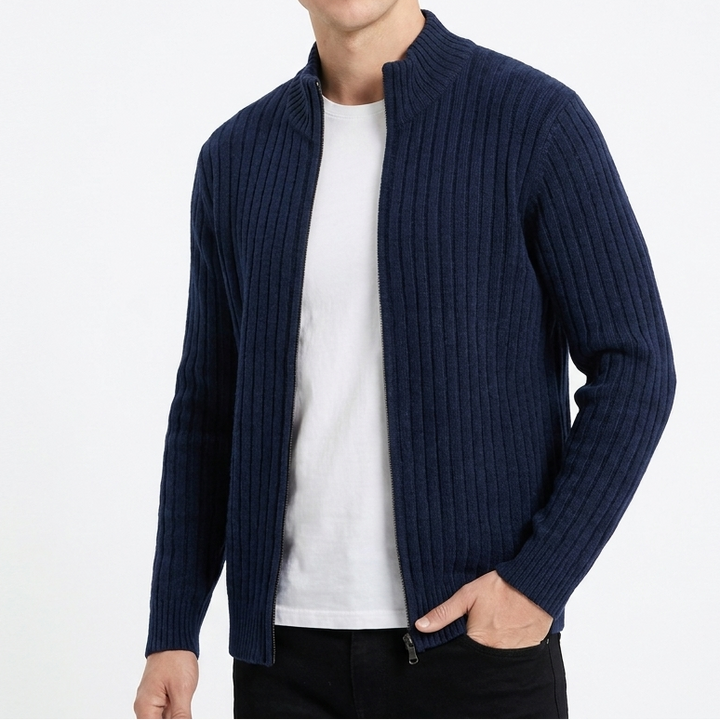 Men's Ribbed Knit Jumper with Stand Collar