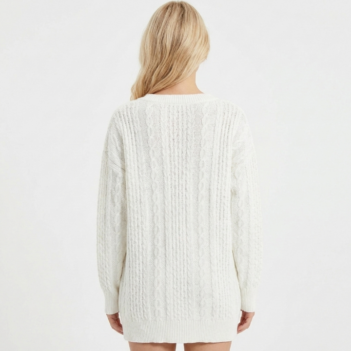 Women's Cable Knit Long Sleeve Pullover with V-Neck