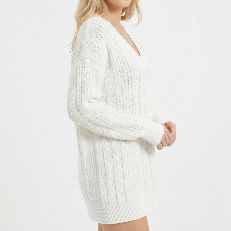 Women's Cable Knit Long Sleeve Pullover with V-Neck