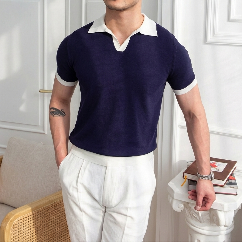 Men's Contrast Knit Short Sleeve Polo Shirt