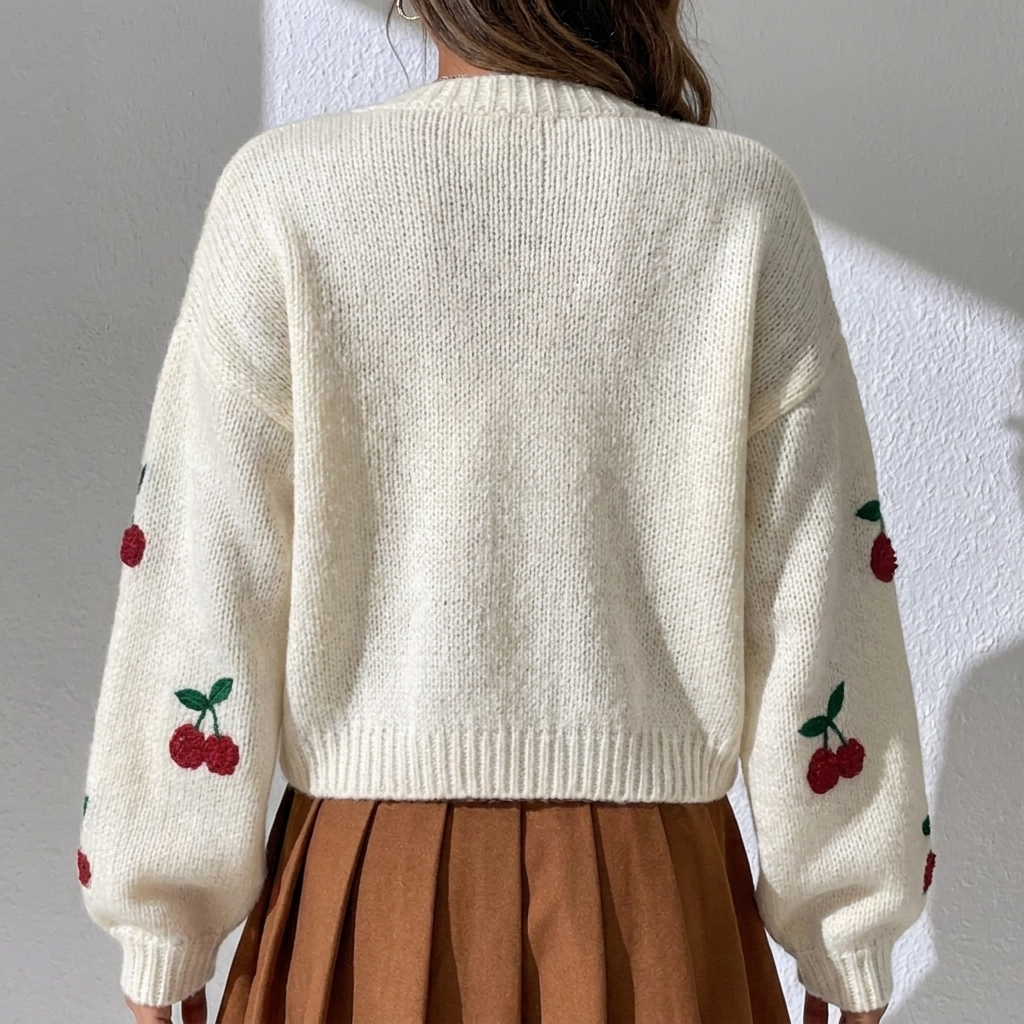 Cropped Cardigan - Cherry Embroidered Open Front Knit