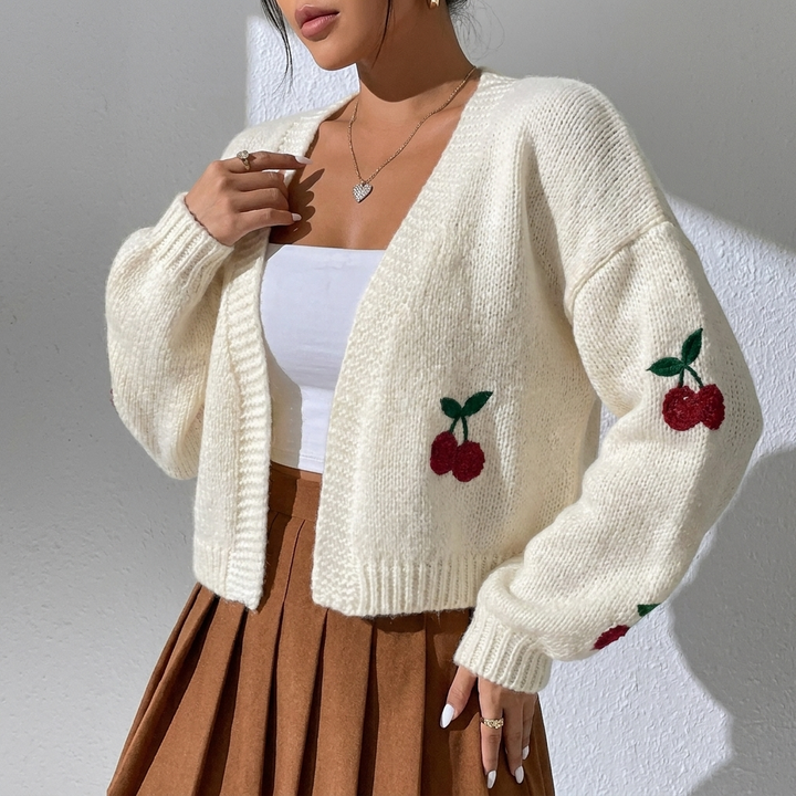 Cropped Cardigan - Cherry Embroidered Open Front Knit
