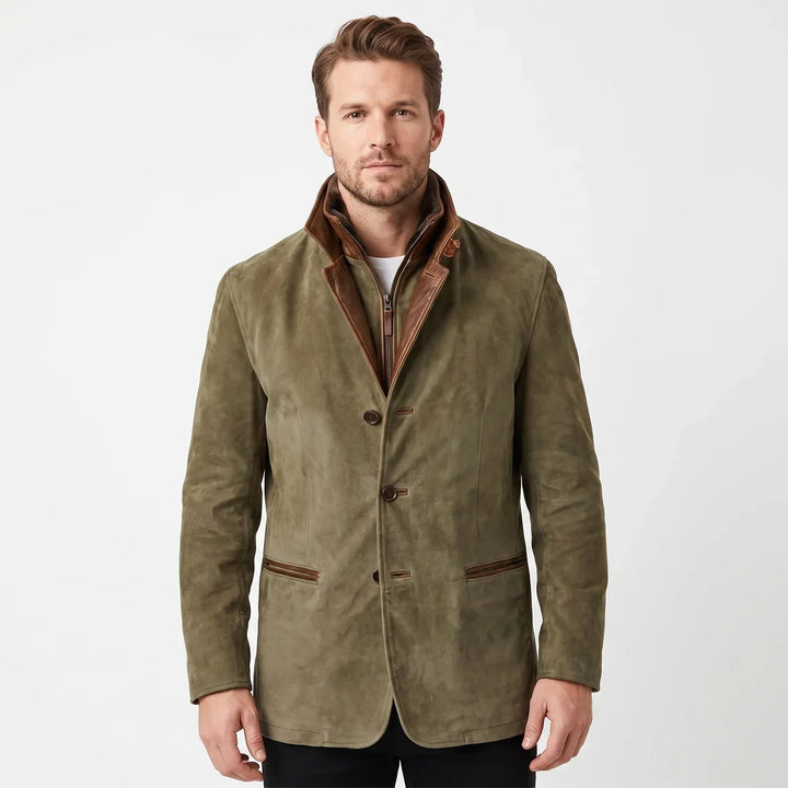 Men's Suede Leather Jacket Contrast Trim Stand Collar Blazer Coat