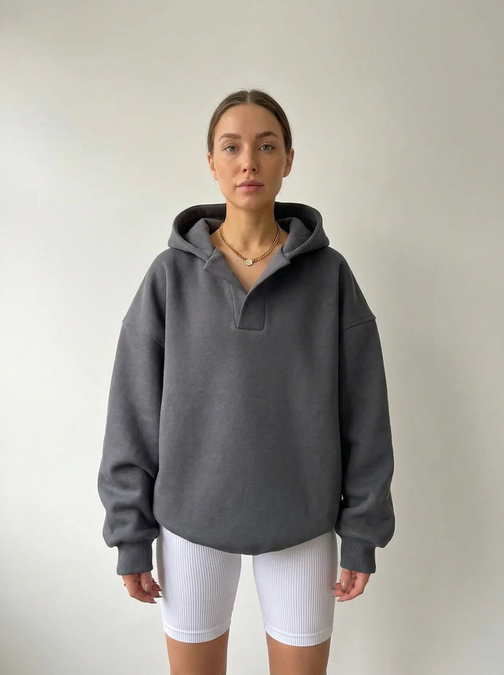 Women's Oversized Hoodie V-Neck Collar Fleece Pullover