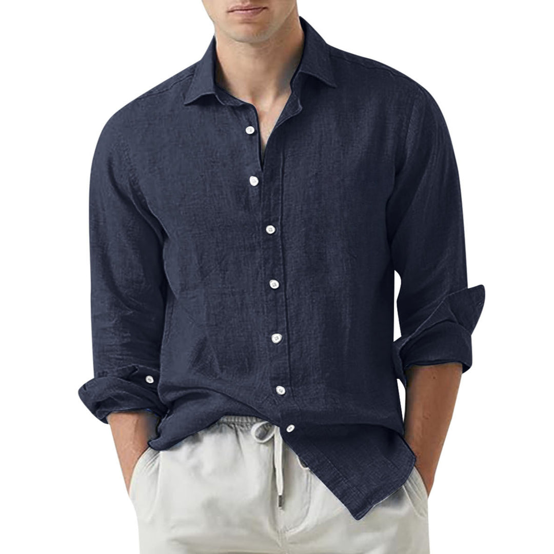 Men's Linen Long-Sleeve Shirt Relaxed Fit Button-Up Casual