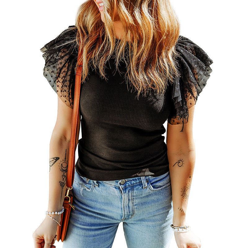 Women's Ribbed Knit Top Layered Mesh Ruffle Sleeve Crew Neck Fitted Blouse