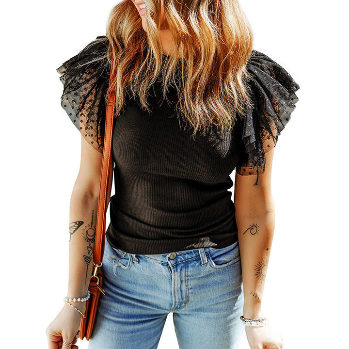 Women's Ribbed Knit Top Layered Mesh Ruffle Sleeve Crew Neck Fitted Blouse