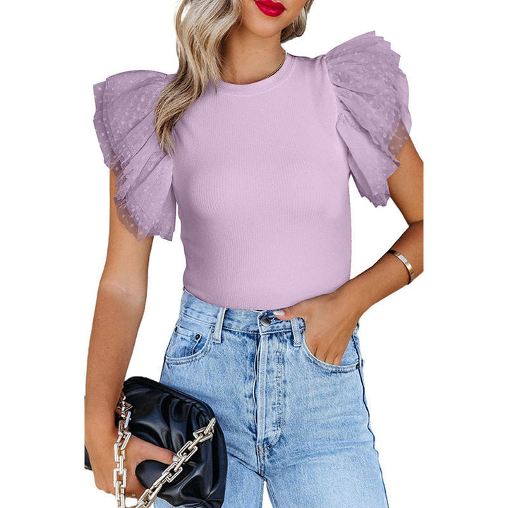 Women's Ribbed Knit Top Layered Mesh Ruffle Sleeve Crew Neck Fitted Blouse