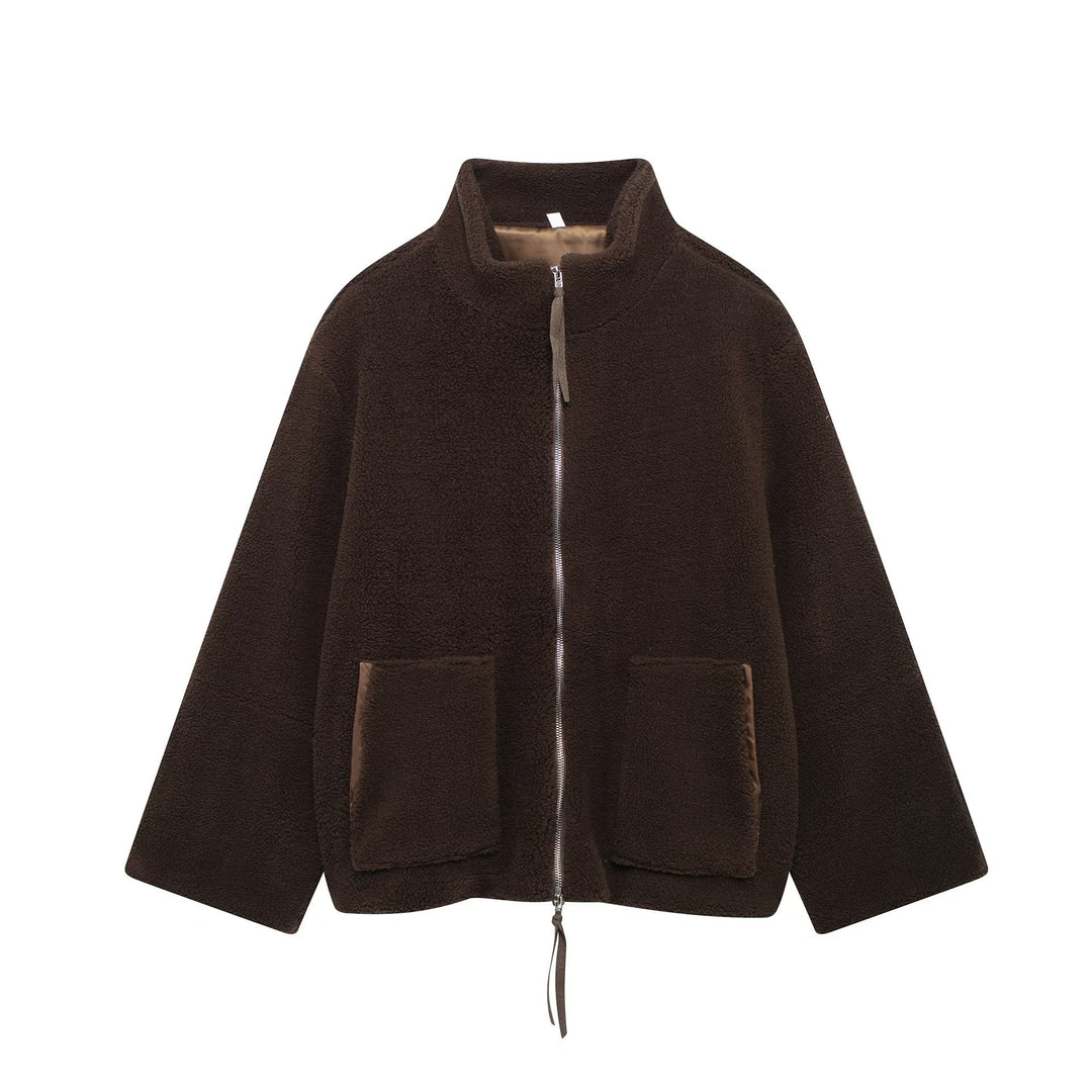 Women's Sherpa Fleece Zip Up Jacket Stand Collar Oversized Warm Winter Coat