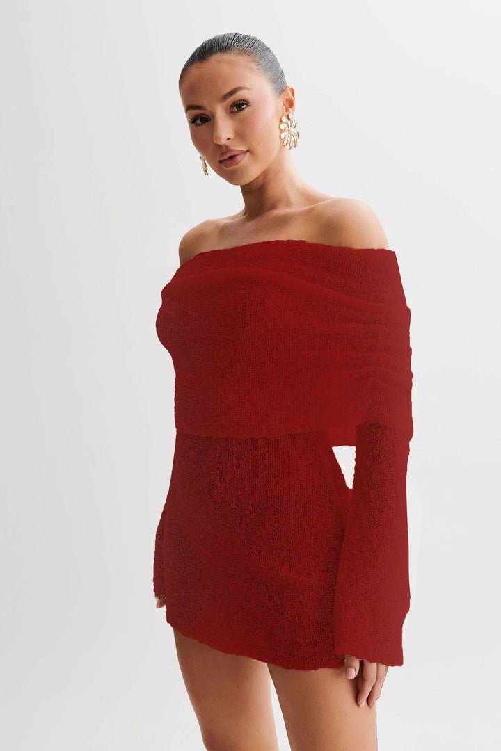 Off Shoulder Knit Mini Dress - Long Sleeve Bardot