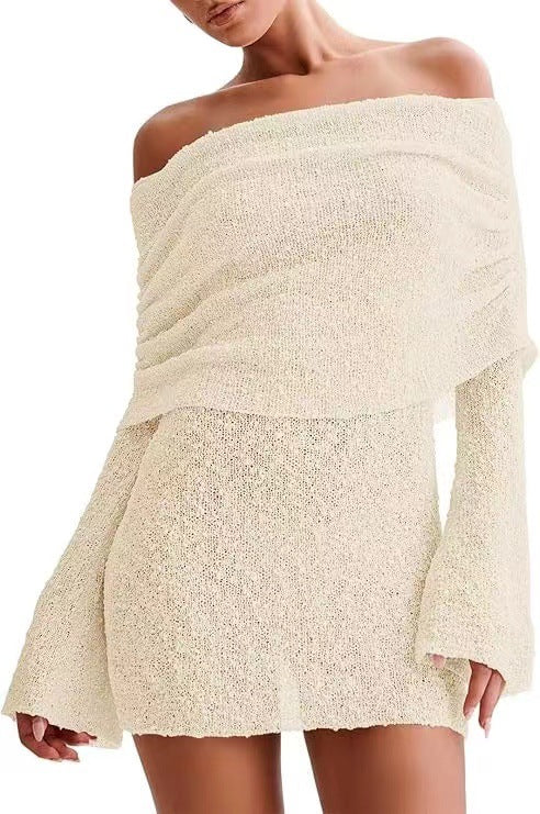 Off Shoulder Knit Mini Dress - Long Sleeve Bardot