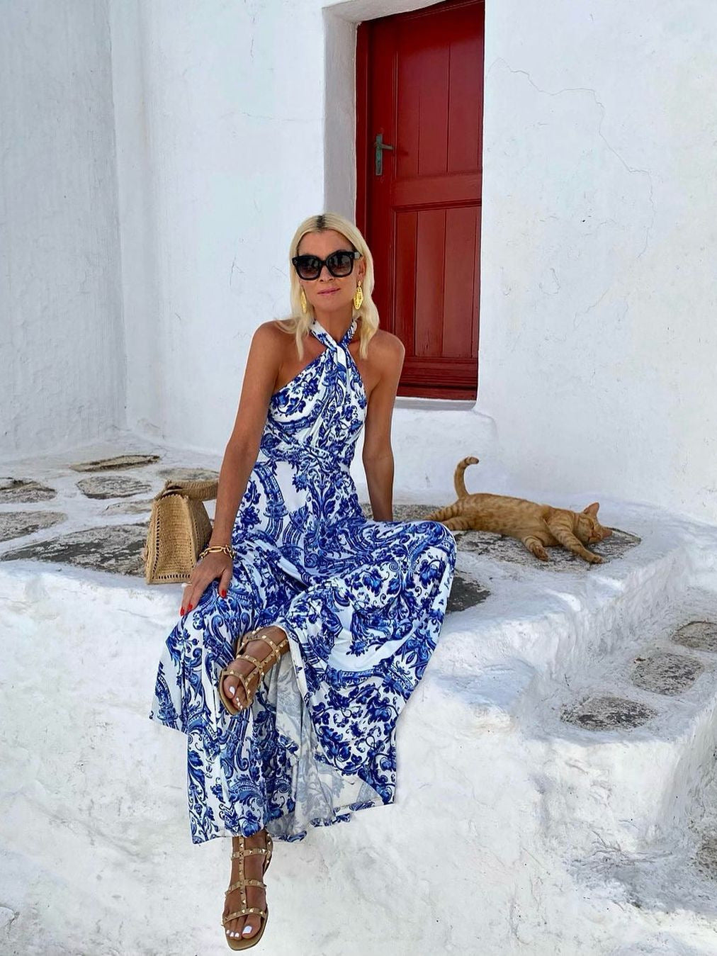 Halter Maxi Dress  - Backless Paisley Print Flowy Summer Beach Dress