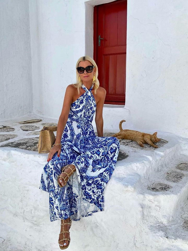 Halter Maxi Dress  - Backless Paisley Print Flowy Summer Beach Dress