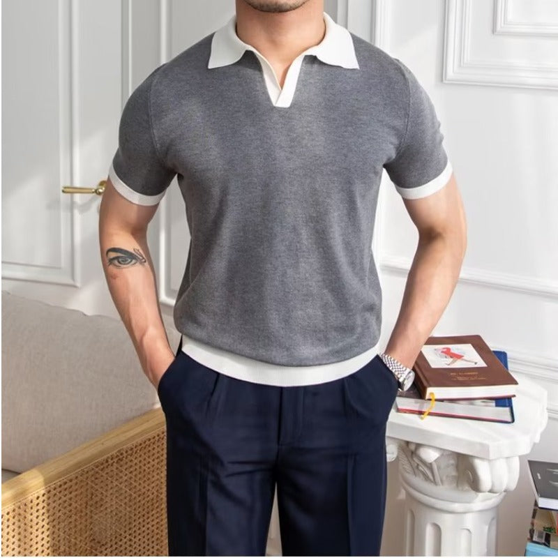 Mens Knit Polo Shirt - Contrast Collar Short Sleeve