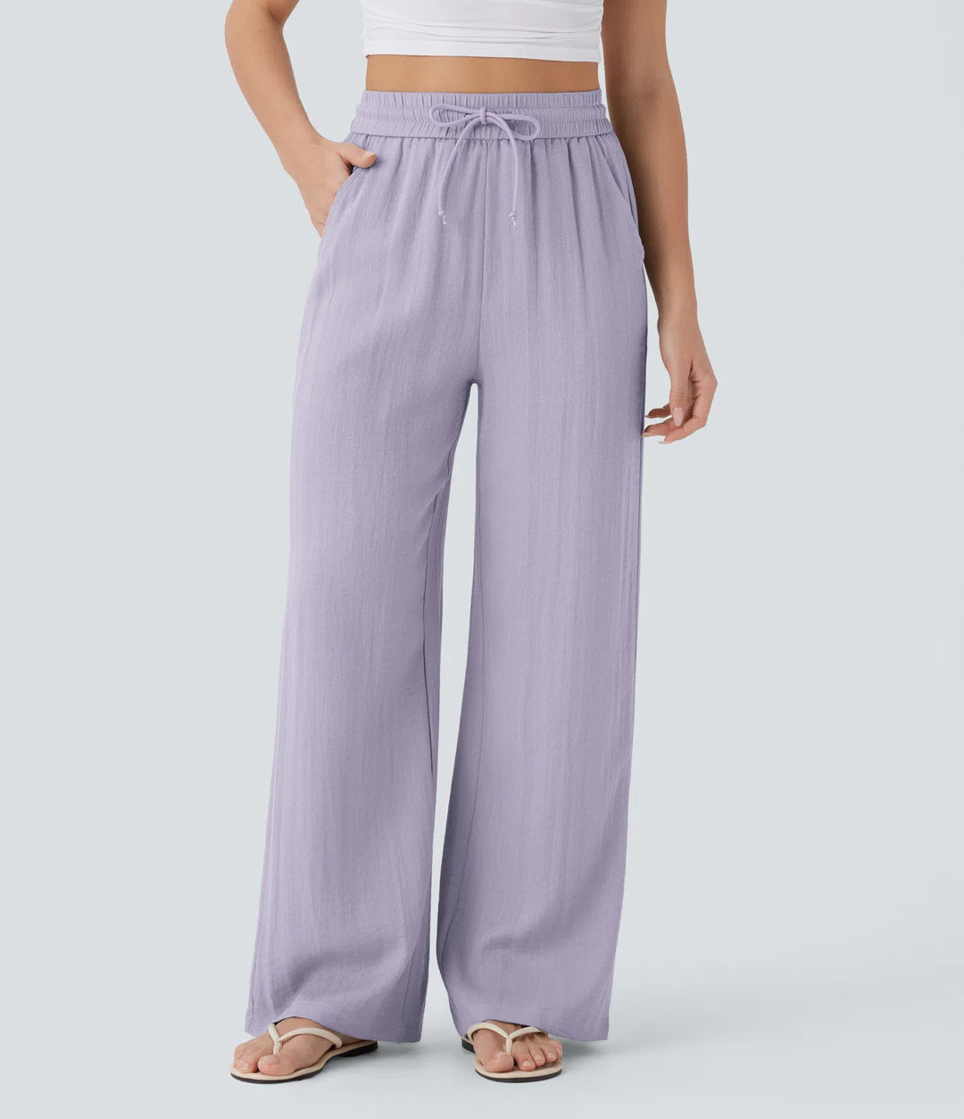 Linen Wide Leg Pants - High Waist Drawstring