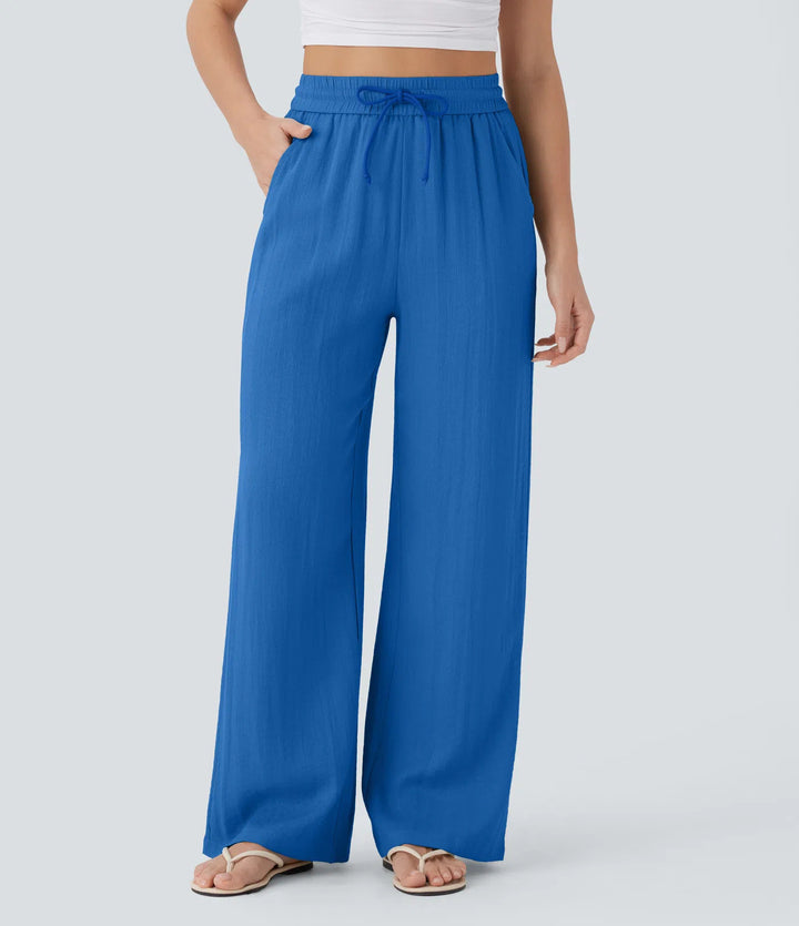 Linen Wide Leg Pants - High Waist Drawstring