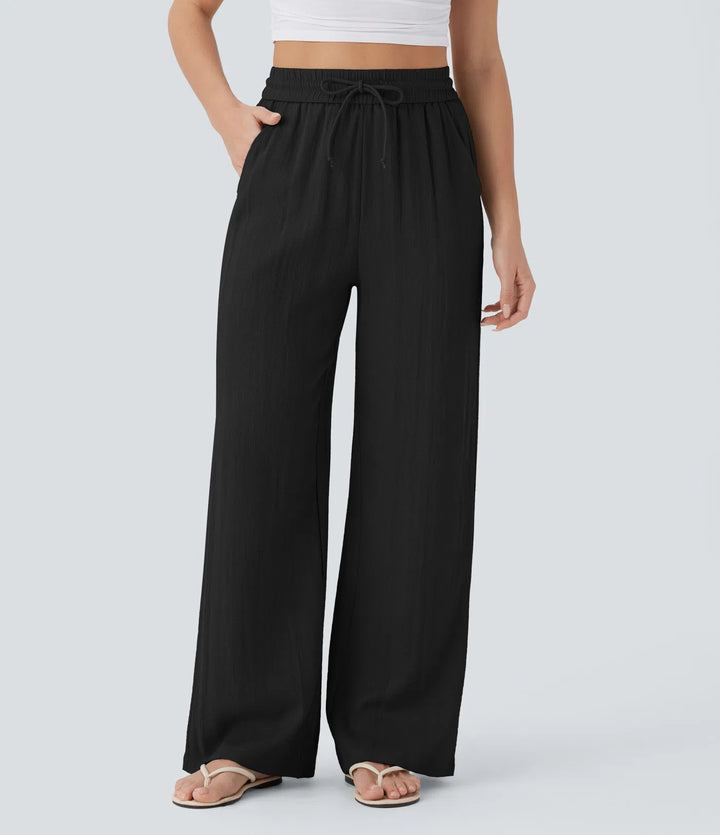 Linen Wide Leg Pants - High Waist Drawstring