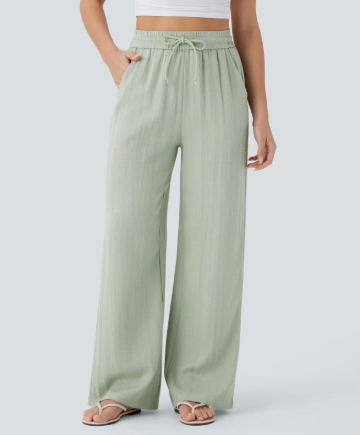 Linen Wide Leg Pants - High Waist Drawstring