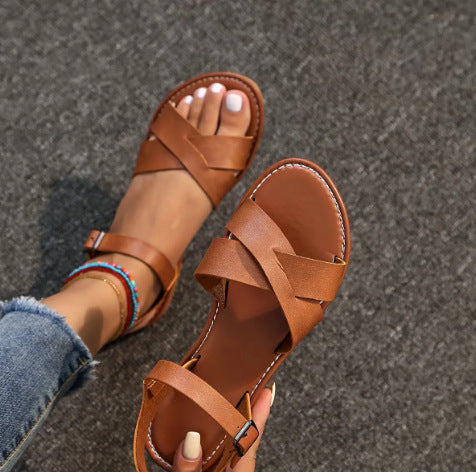 Flat Sandals Women - Crossover Strap Ankle Buckle Summer Sandals