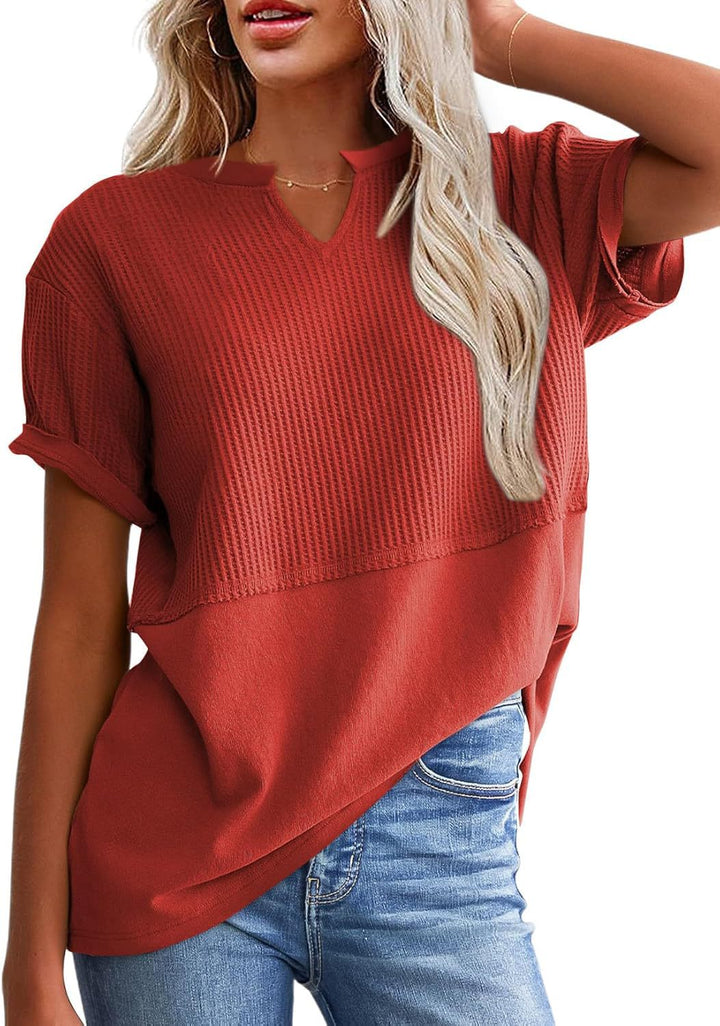 Oversized Waffle Knit Top Women - Notch Neck Short Sleeve Summer Blouse