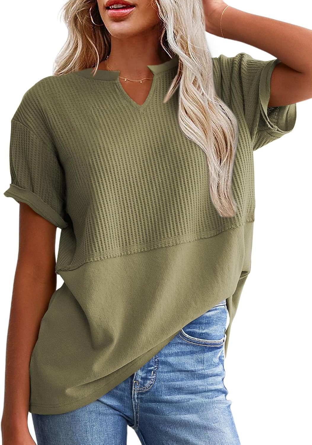 Oversized Waffle Knit Top Women - Notch Neck Short Sleeve Summer Blouse