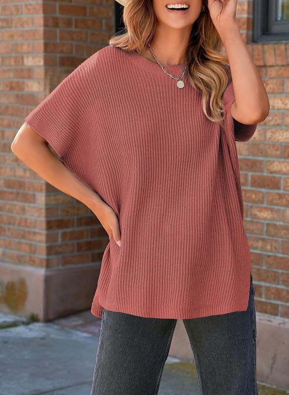 Oversized Ribbed Knit Top Women - Short Sleeve Side Slit Summer Tee