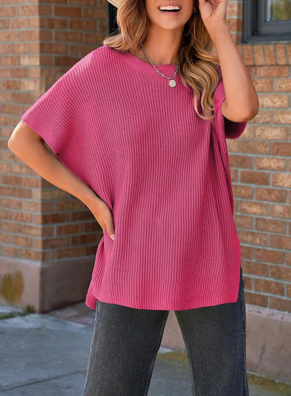 Oversized Ribbed Knit Top Women - Short Sleeve Side Slit Summer Tee