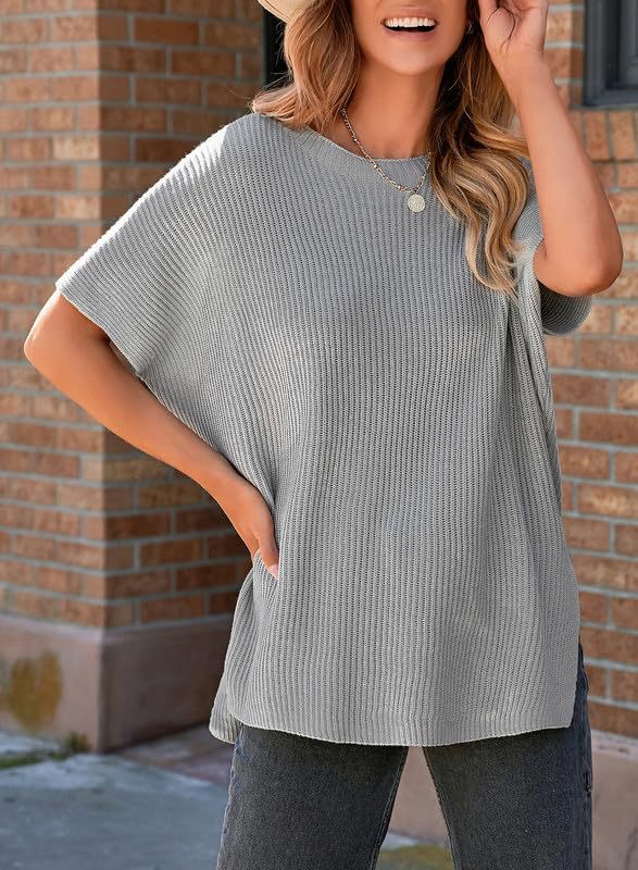 Oversized Ribbed Knit Top Women - Short Sleeve Side Slit Summer Tee
