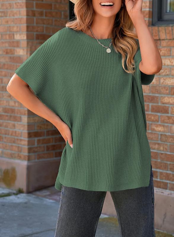 Oversized Ribbed Knit Top Women - Short Sleeve Side Slit Summer Tee