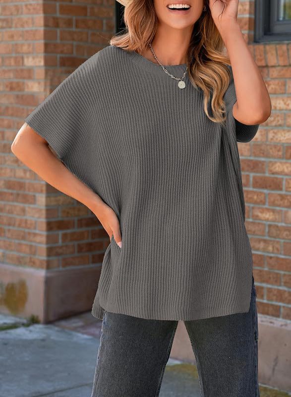 Oversized Ribbed Knit Top Women - Short Sleeve Side Slit Summer Tee